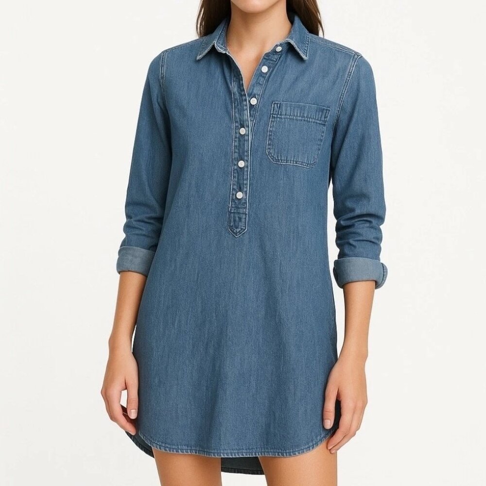 J CREW Denim Long Sleeve Shirt Button Down Preppy Dress Pocket Women's Size XS
